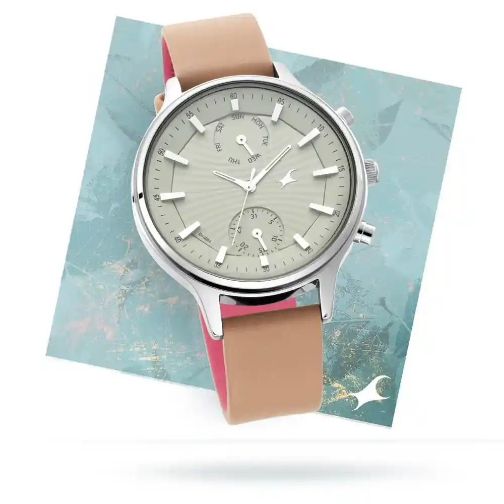 Fastrack X Ananya Panday Ruffles Beige Dial Leather Strap Watch 6208SL02