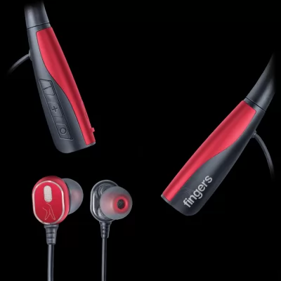 Fingers Chic Dual-D Wireless Neckband Earphones With Dual Drivers Fast Charge And Sweat-Resistant Black And Cherry Red