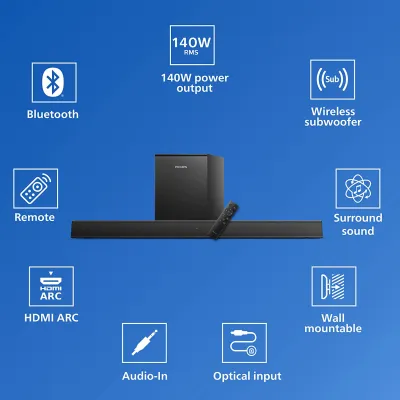 Philips Audio TAB5305 2.1CH 140W Bluetooth Soundbar with Wireless Subwoofer