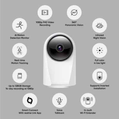 Realme RMH2001 360 Deg 1080p Wi-Fi Smart Security Camera With 4 Channel White
