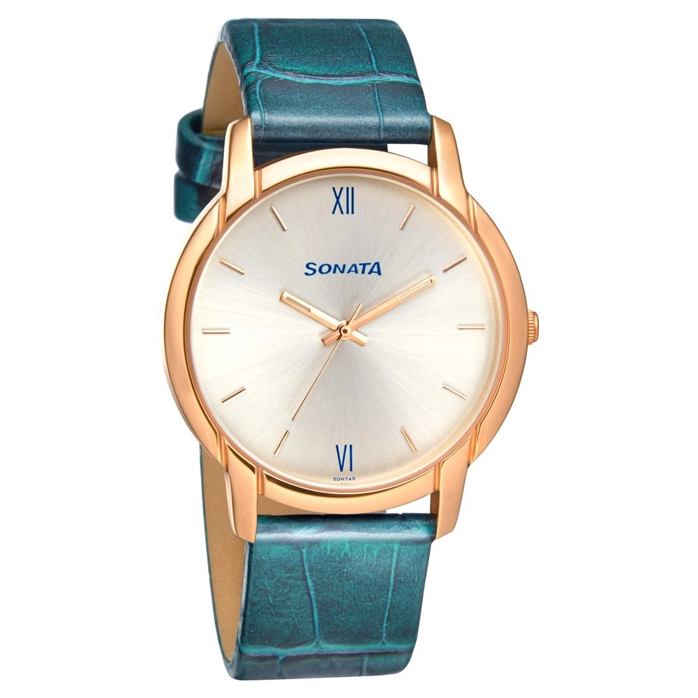 Buy Sonata Beyond Gold Silver Dial Leather Strap Watch 77031WL01