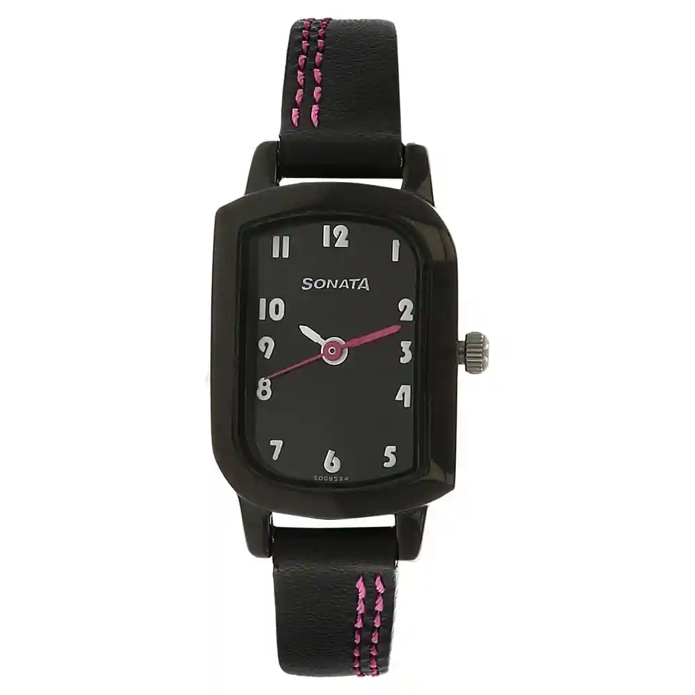 Sonata Black Dial Black Leather Strap Watch 87001NL01