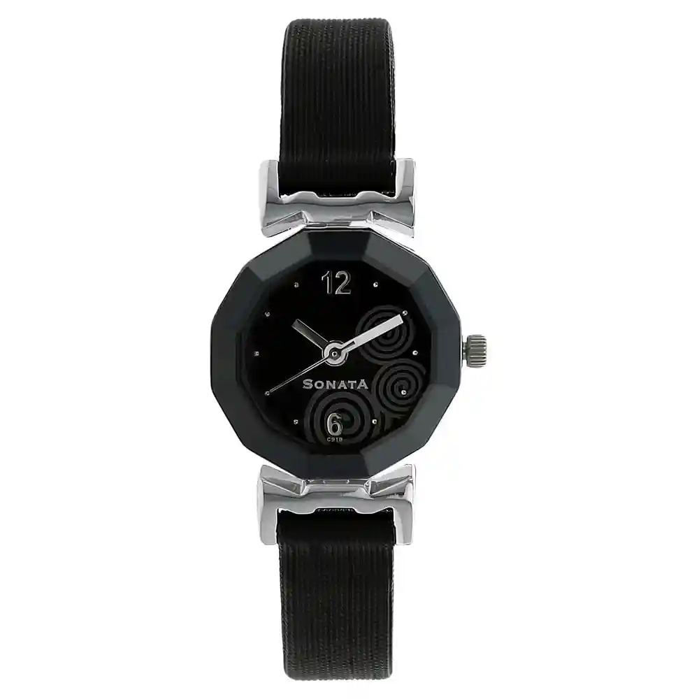 Sonata Black Dial Black Leather Strap Watch 8943SL03