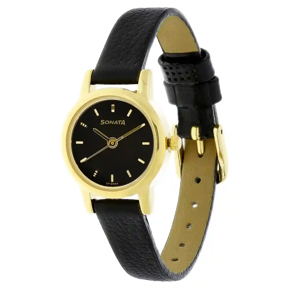 Sonata Black Dial Black Leather Strap Watch 8976YL03W
