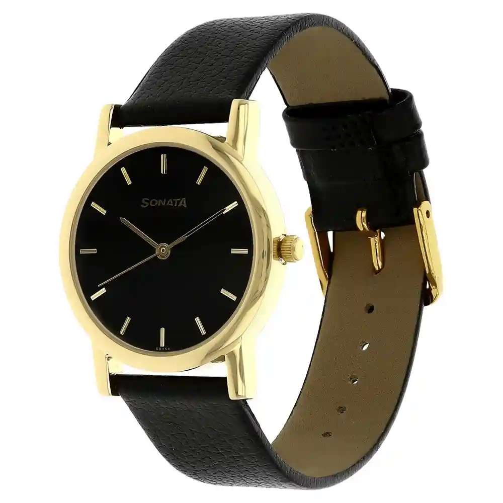 Sonata Black Dial Golden Leather Strap Watch 7987YL03W