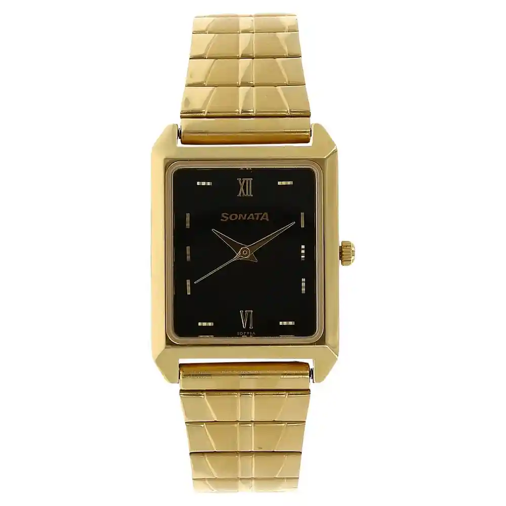 Sonata Black Dial Golden Metal Strap Watch 7007YM14