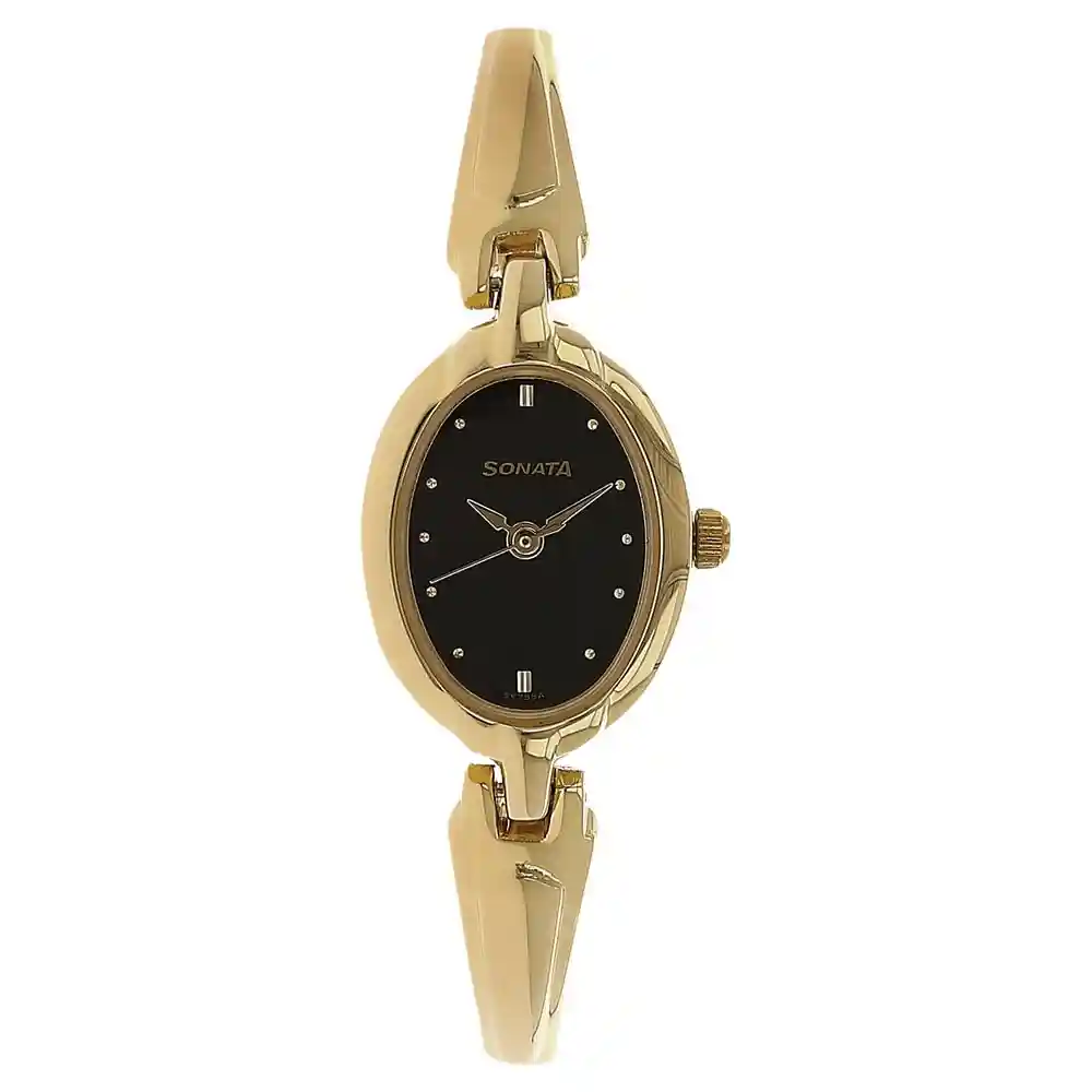 Sonata Black Dial Golden Metal Strap Watch 8048YM03