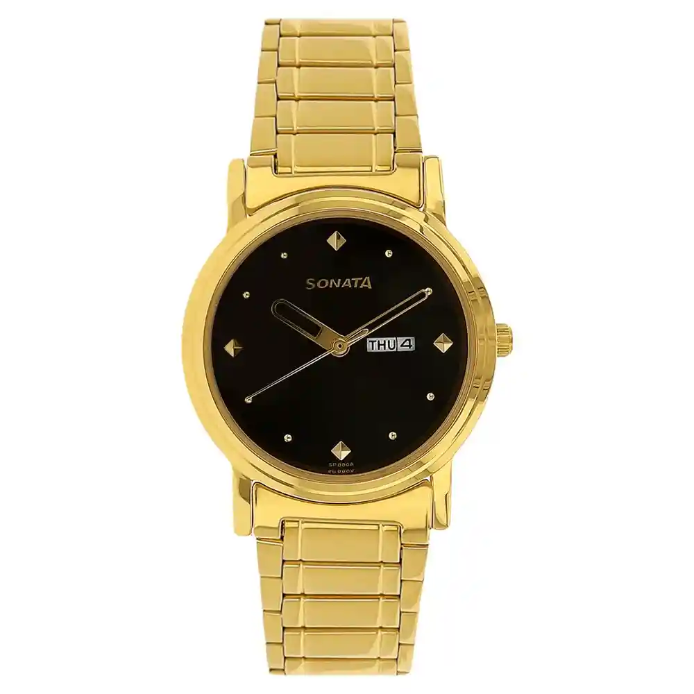 Sonata Black Dial Golden Stainless Steel Strap Watch 1141YM14