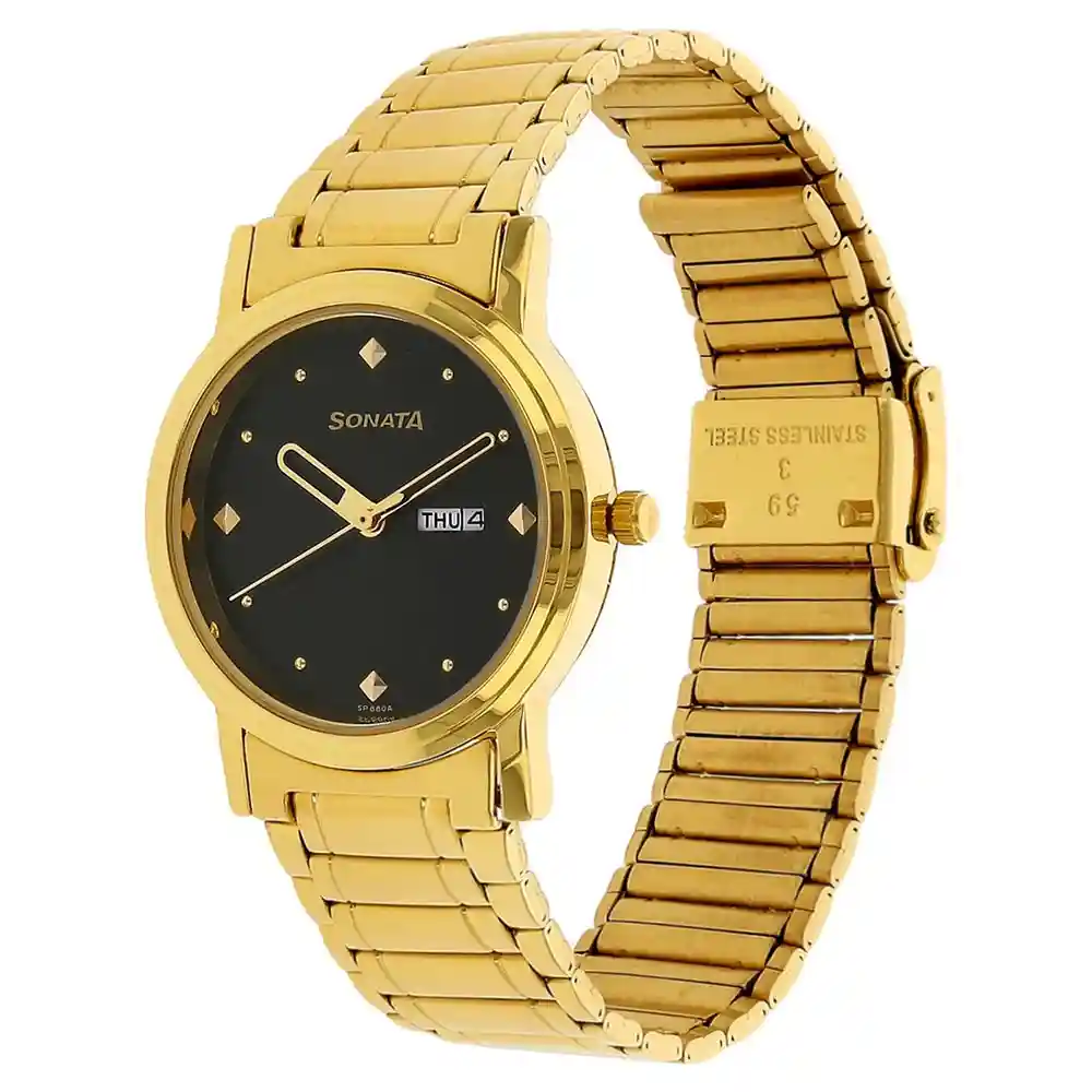 Sonata Black Dial Golden Stainless Steel Strap Watch 1141YM14