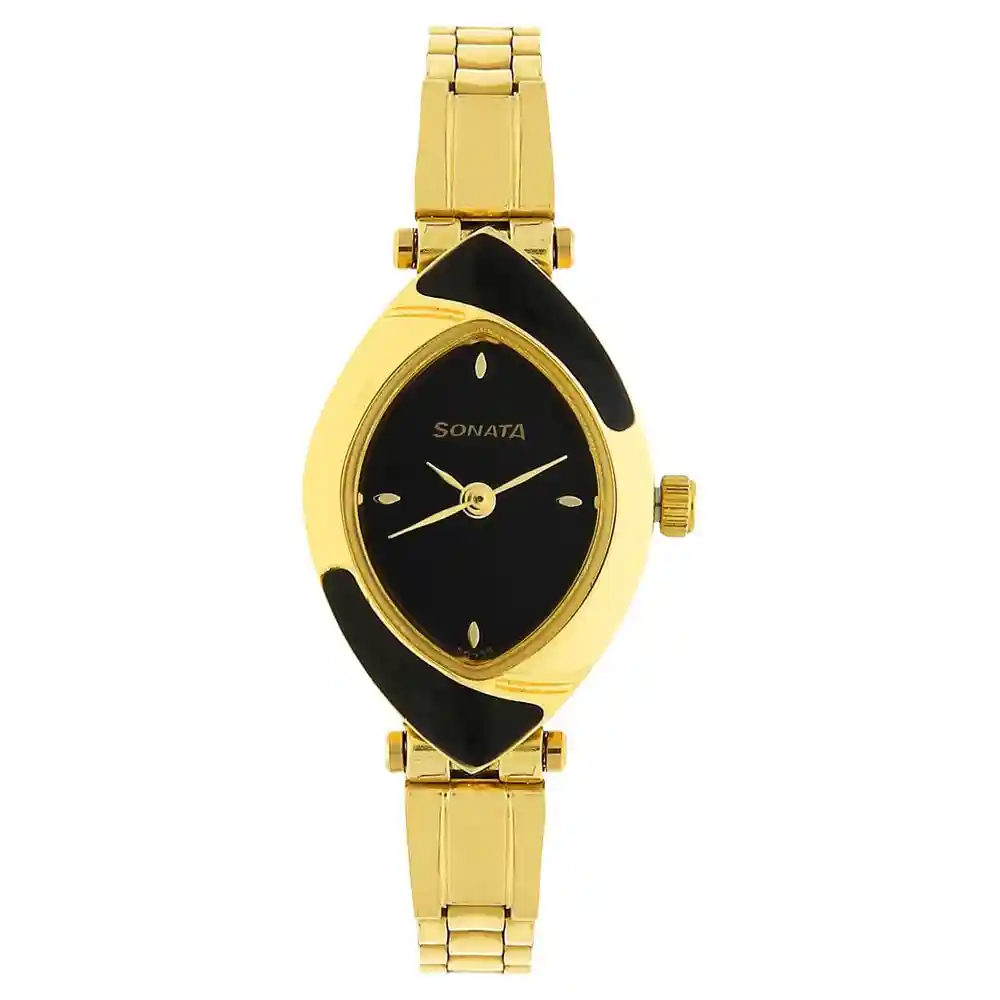 Sonata Black Dial Golden Stainless Steel Strap Watch 8069YM04
