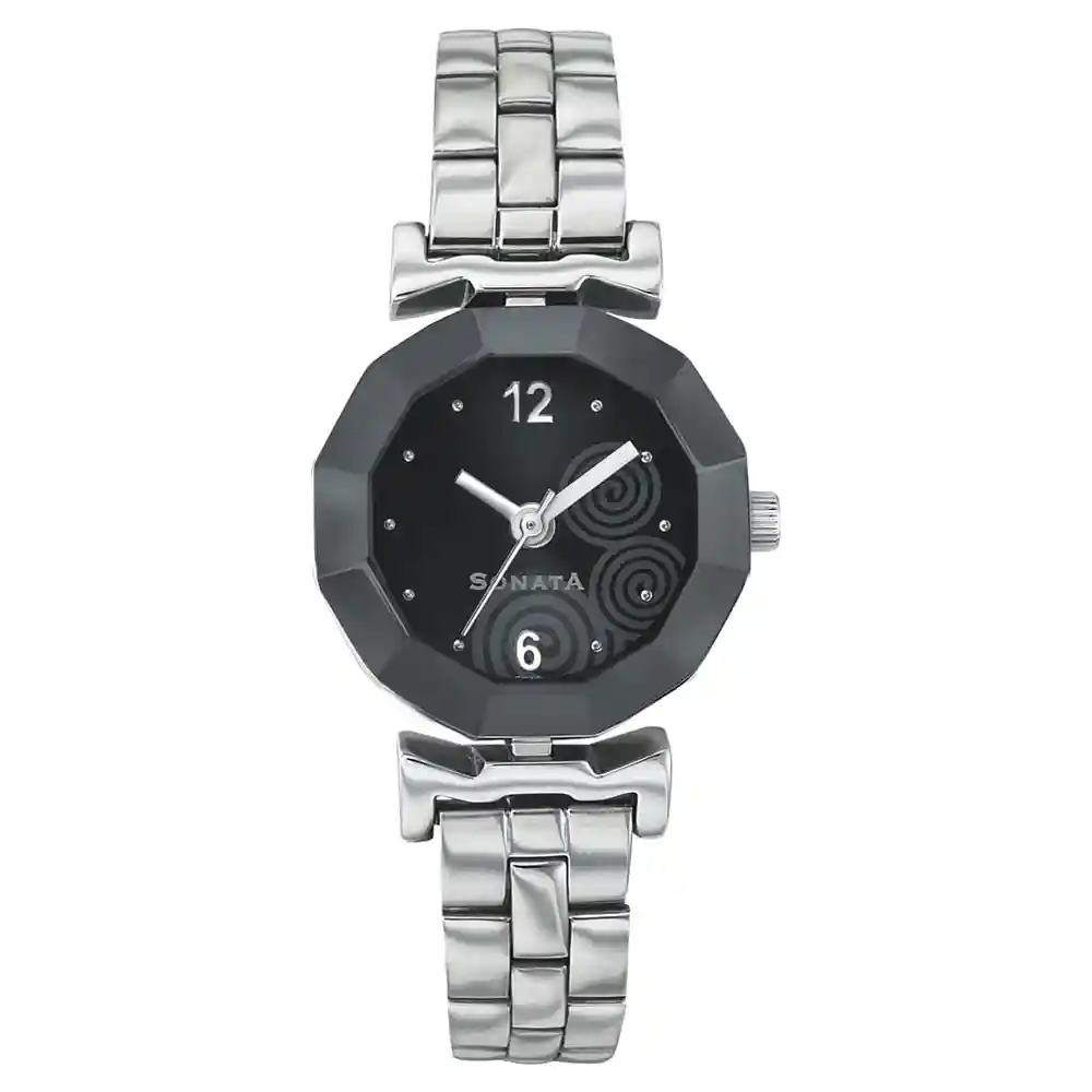 Sonata Black Dial Metal Strap Watch 8943SM01