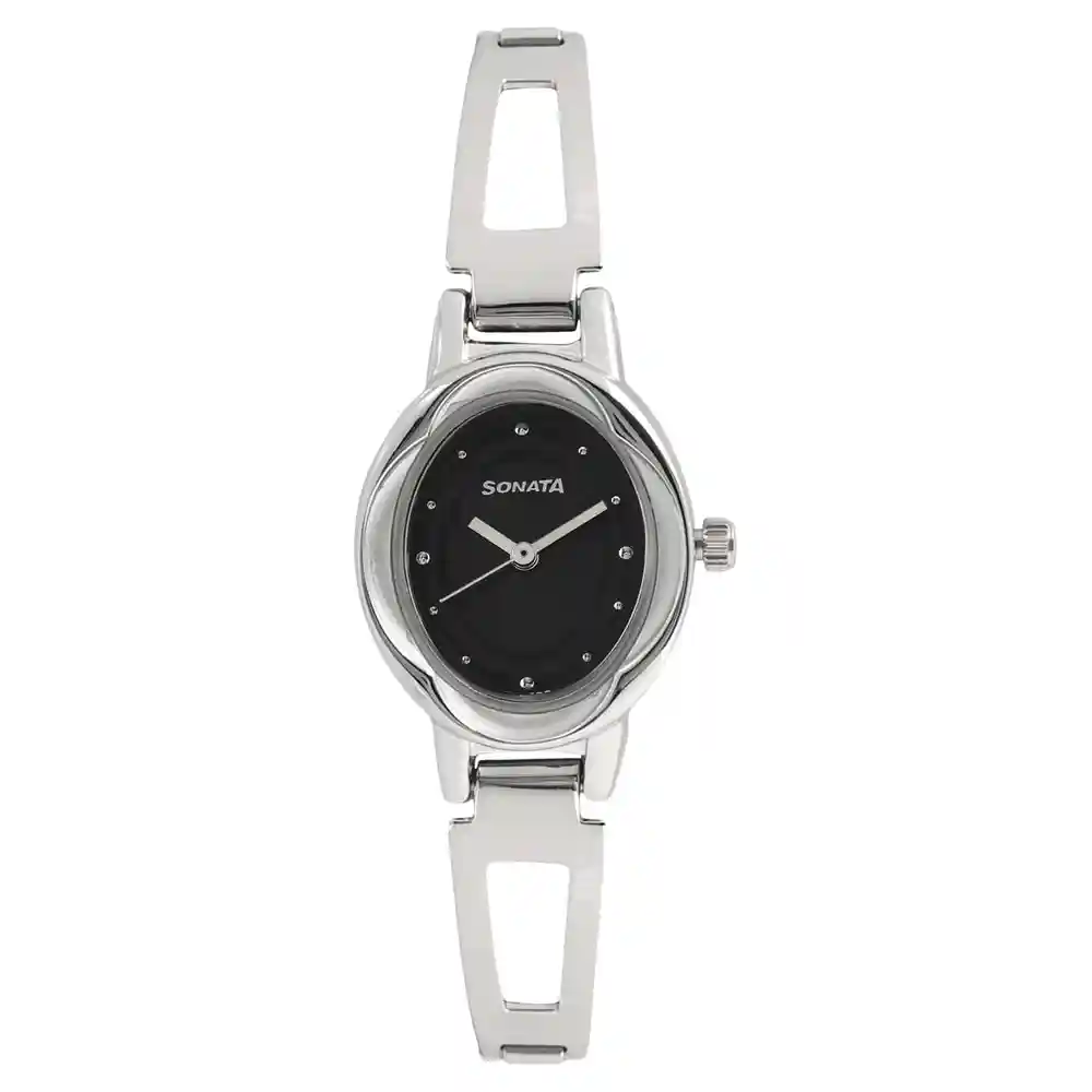 Sonata Black Dial Silver Stainless Steel Strap Watch 8085SM01