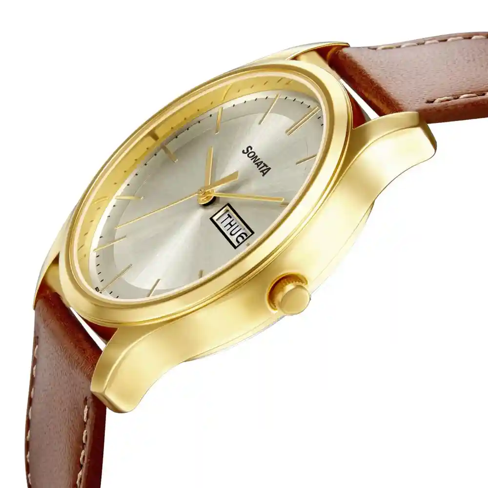 Sonata Champagne Dial Analog With Day And Date Watch 77082YL06W