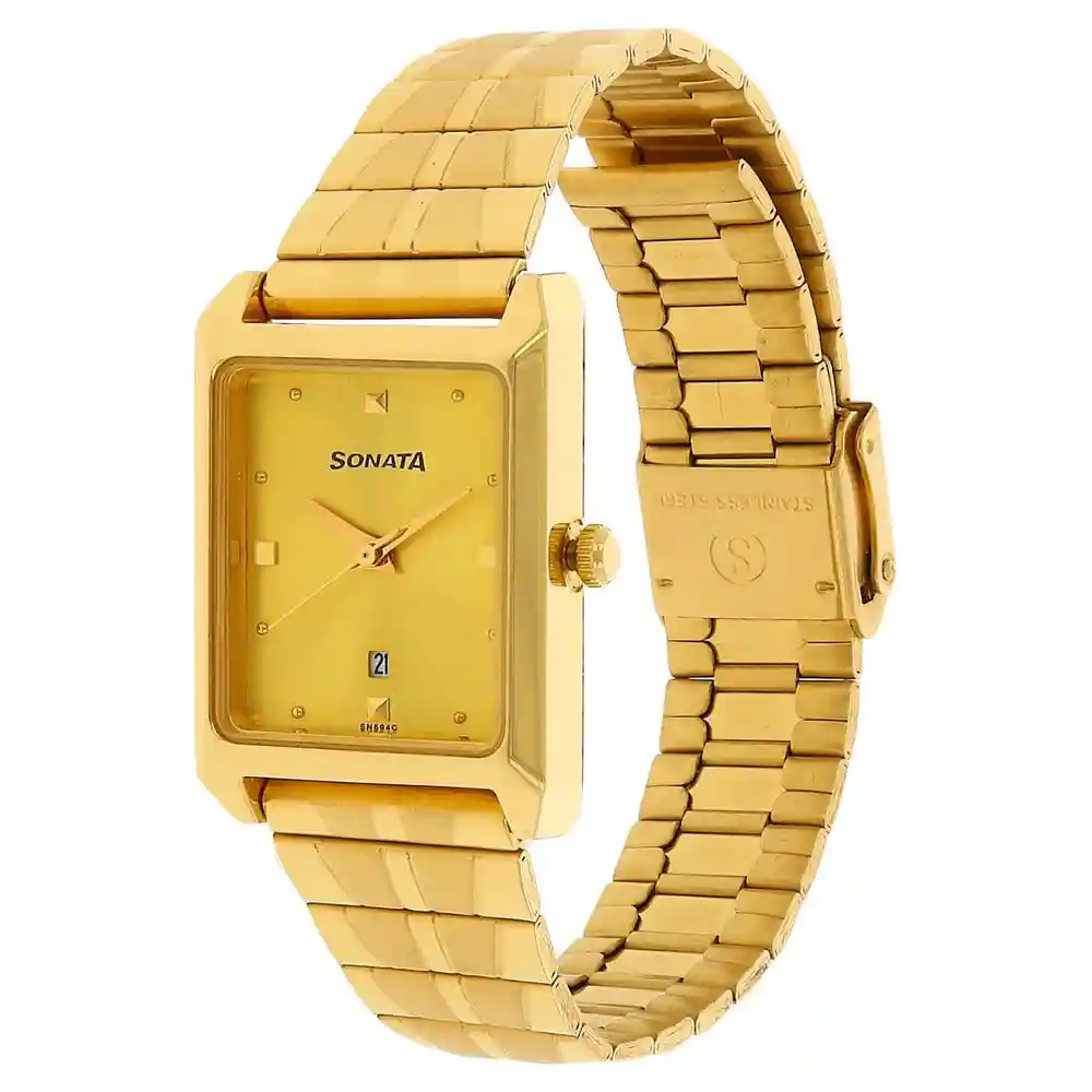 Sonata Champagne Dial Golden Stainless Steel Strap Watch 7007YM02