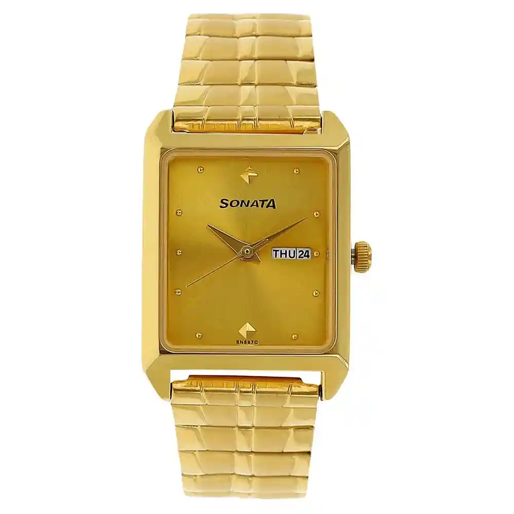Sonata Champagne Dial Golden Stainless Steel Strap Watch 7007YM05