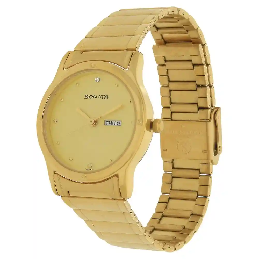 Sonata Champagne Dial Golden Stainless Steel Strap Watch 7023YM09