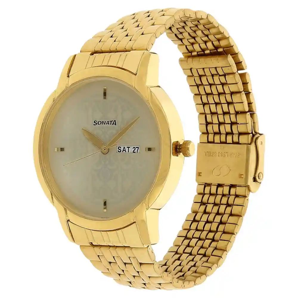 Sonata Champagne Dial Golden Stainless Steel Strap Watch 77031YM04