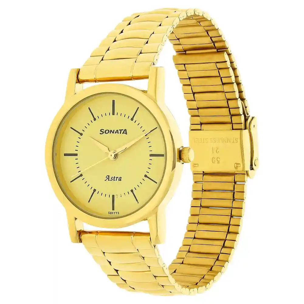 Sonata Champagne Dial Golden Stainless Steel Strap Watch 77049YM01