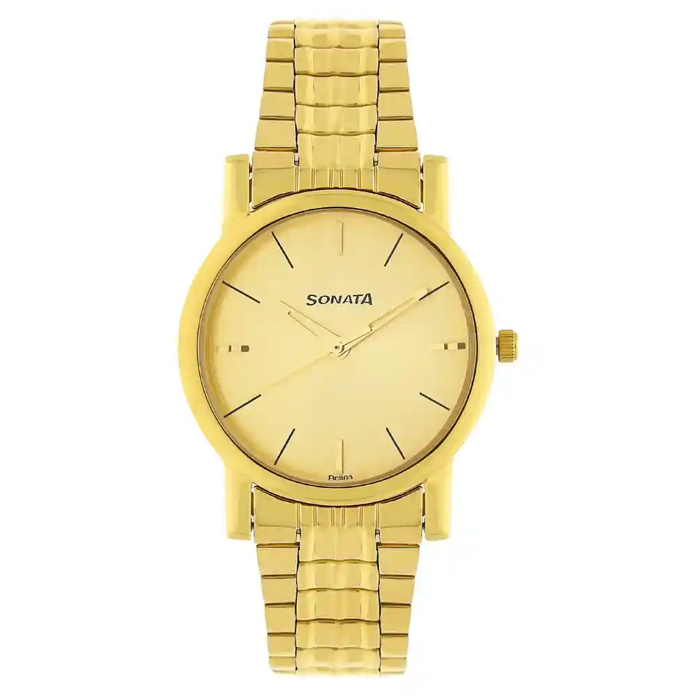 Sonata Champagne Dial Golden Stainless Steel Strap Watch 7987YM06W