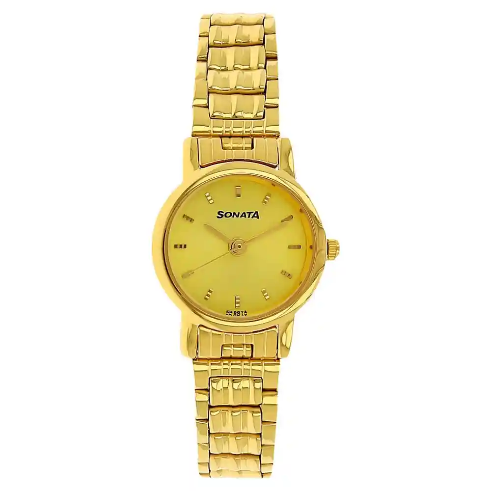 Sonata Champagne Dial Golden Stainless Steel Strap Watch 8976YM09W