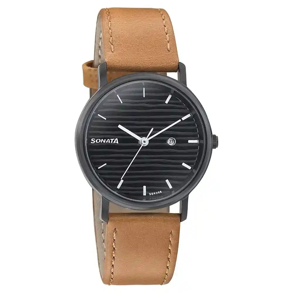 Sonata Onyx Black Dial Leather Watch 87029NL03
