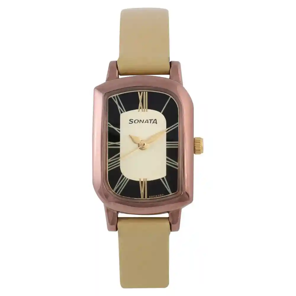 Sonata Pink Dial Beige Leather Strap Watch 87001QL01