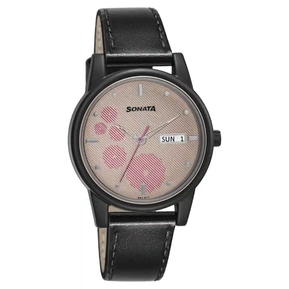 Sonata Pink Dial Leather Strap Watch 87031PL04W