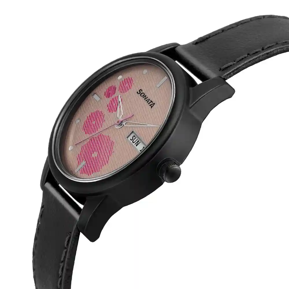 Sonata Pink Dial Leather Strap Watch 87031PL04W