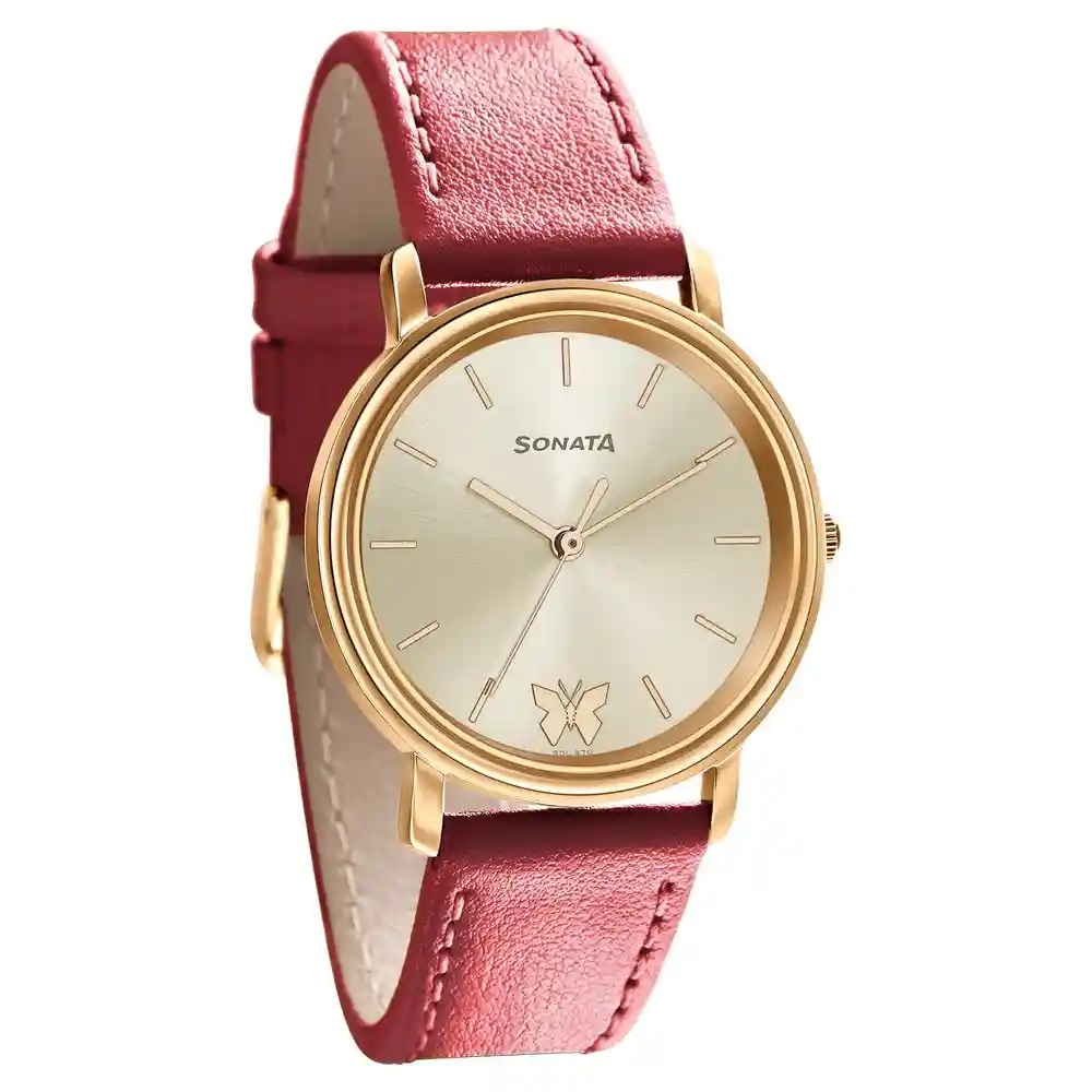 Sonata Play Silver Dial Red Leather Strap Watch 87029WL01