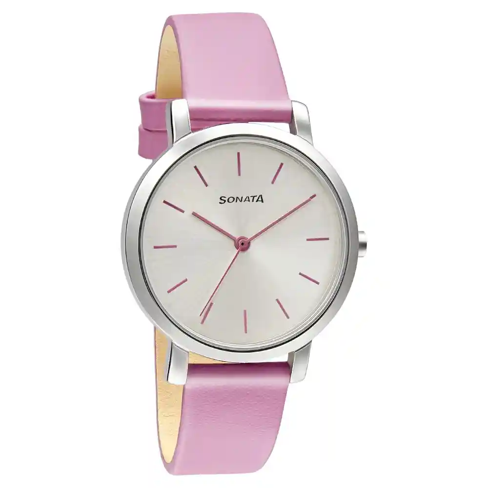 Sonata Play Watch With Silver Dial And Pink Leather Strap 8164SL08