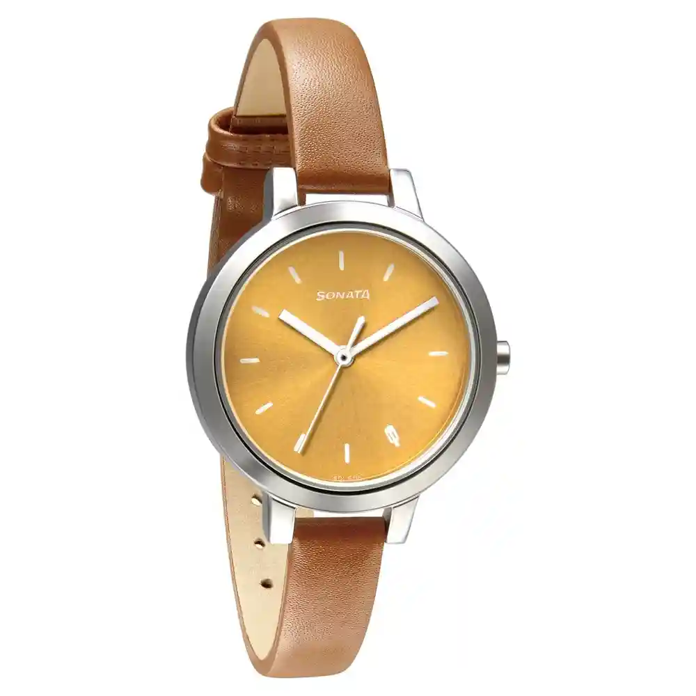 Sonata Play Watch With Yellow Dial And Brown Leather Strap 8141SL03