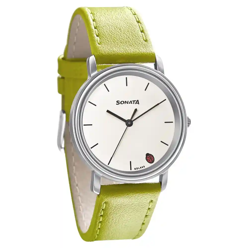 Sonata Play White Dial Green Leather Strap Watch 87029SL04