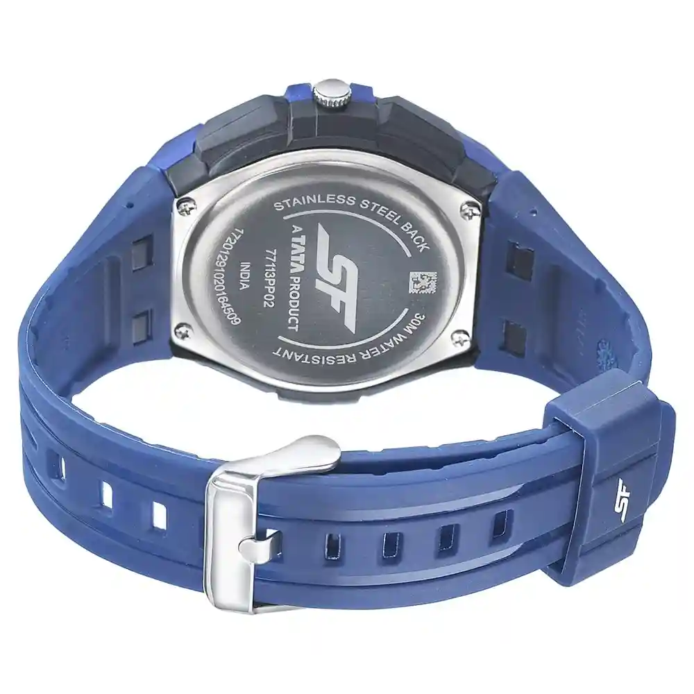 Sonata Sf Turbo Watch With Blue Dial And Plastic Strap 77113PP02W