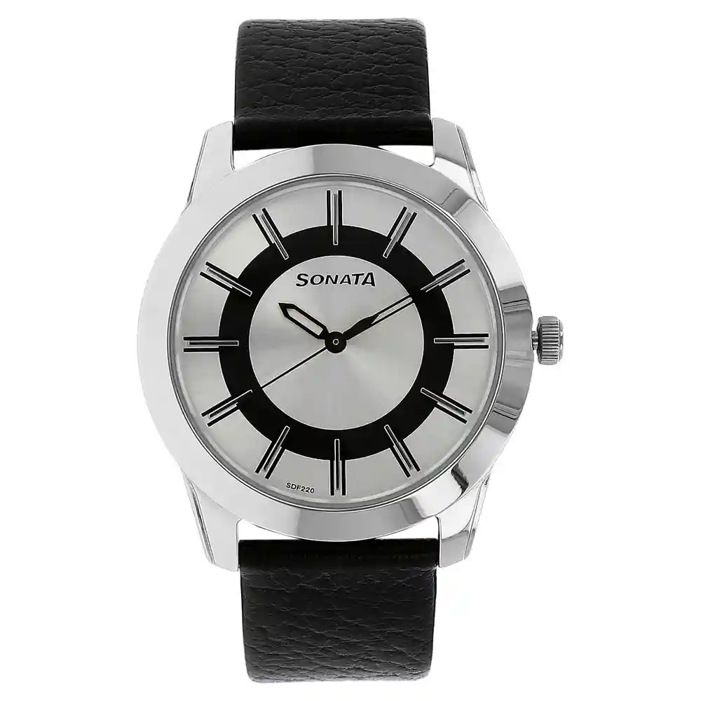 Sonata Silver Dial Black Leather Strap Watch 7924SL06