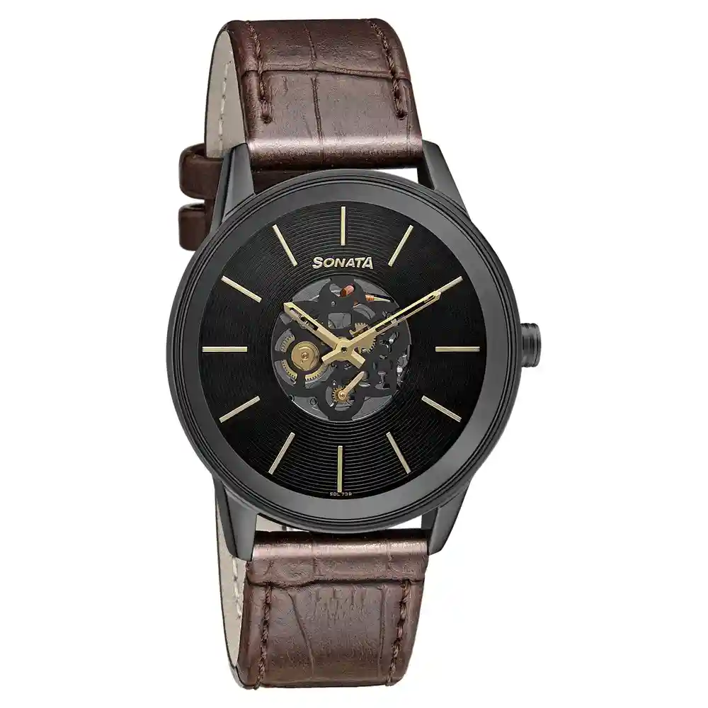 Sonata Unveil Watch With Black Dial And Leather Strap 7133NL02