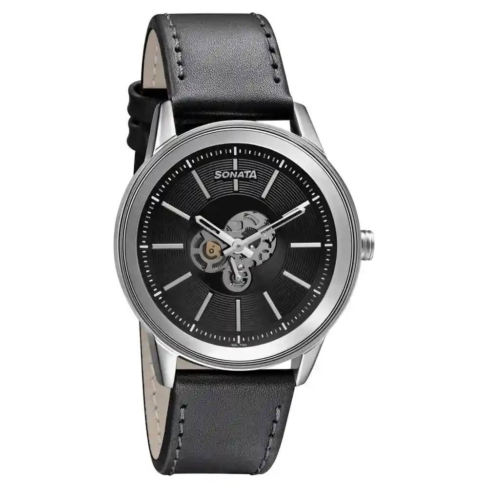 Sonata Unveil Watch With Black Dial And Leather Strap 7133SL03
