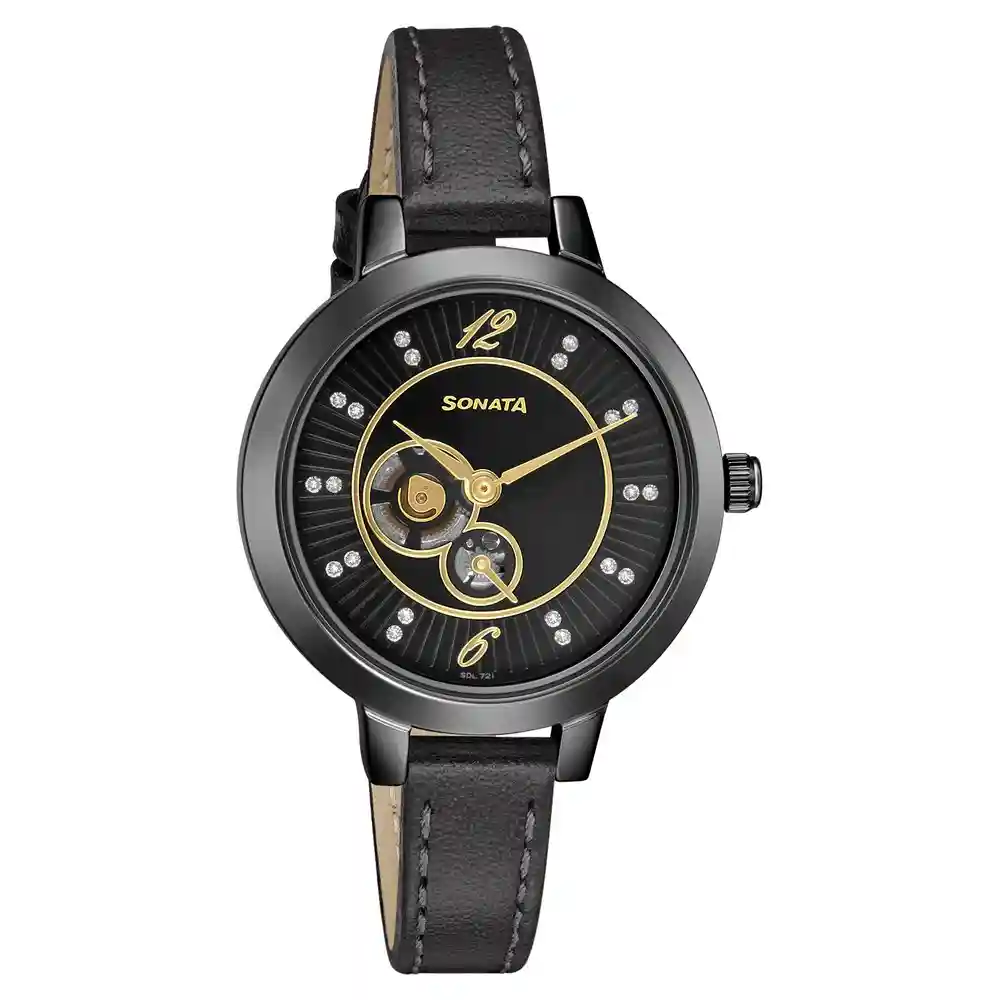 Sonata Unveil Watch With Black Dial And Leather Strap 8141NL03