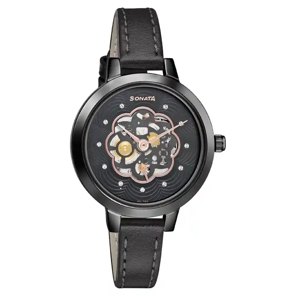 Sonata Unveil Watch With Black Dial And Leather Strap 8141NL04