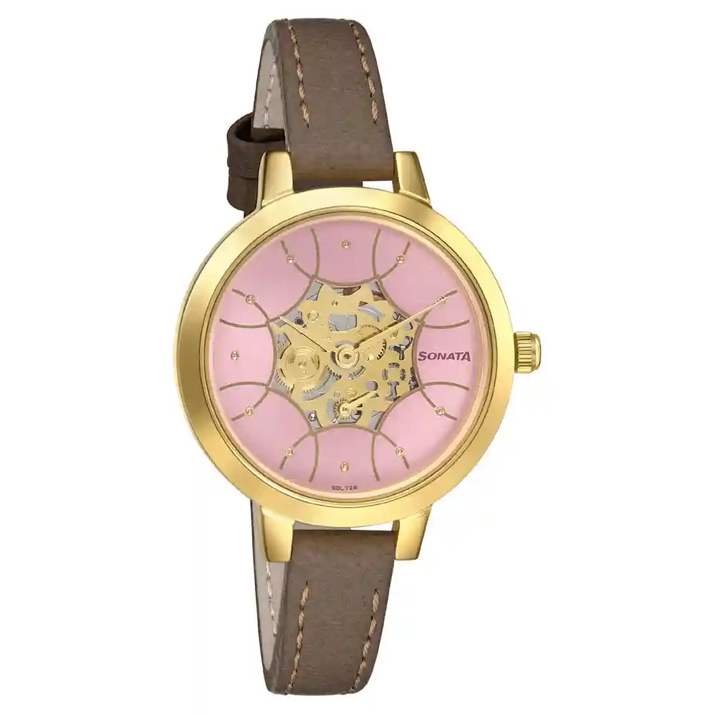 Sonata Unveil Watch With Pink Dial Leather Strap 8141YL02