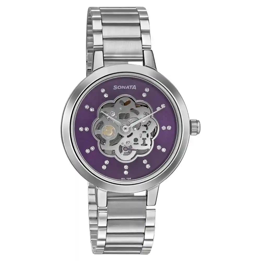 Sonata Unveil Watch With Purple Dial Stainless Steel Strap 8141SM13