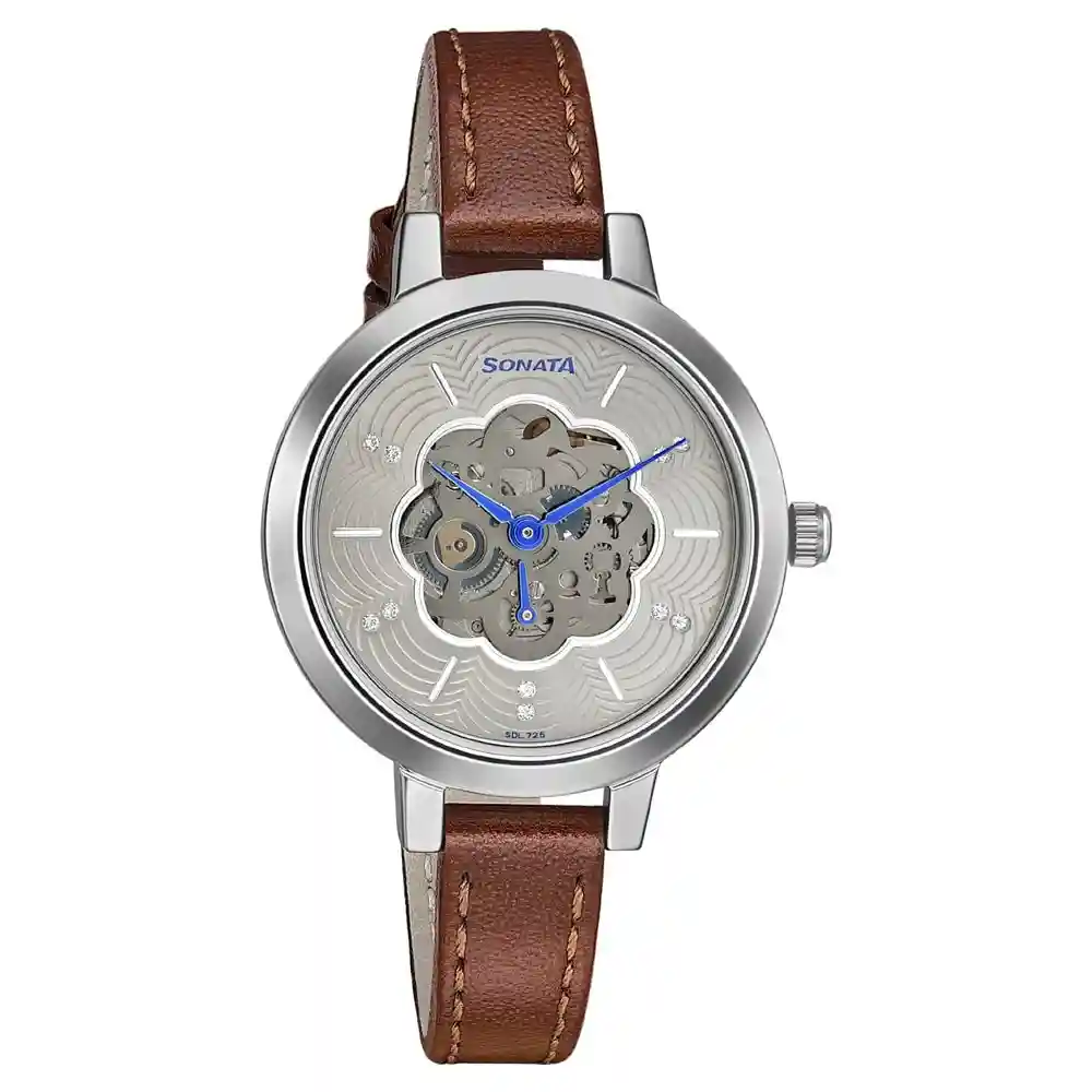 Sonata Unveil Watch With Silver Dial Leather Strap 8141SL05