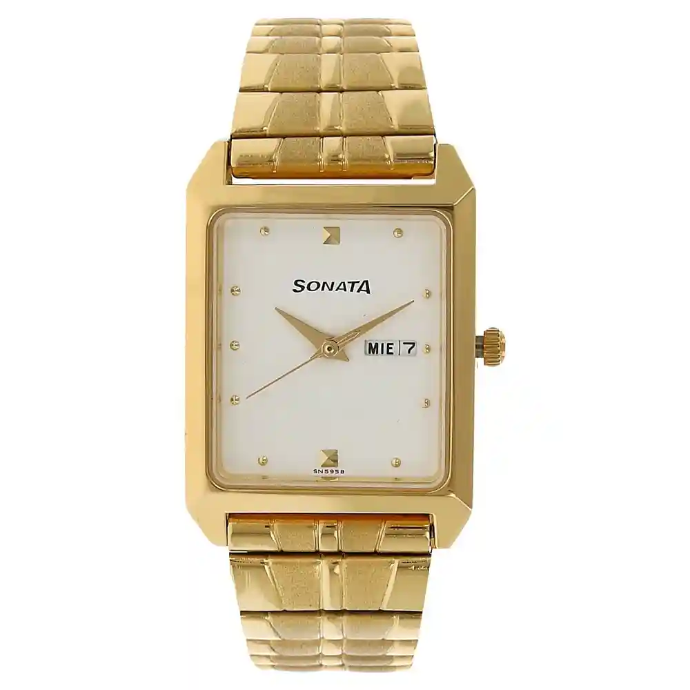 Sonata White Dial Golden Stainless Steel Strap Watch 7007YM03