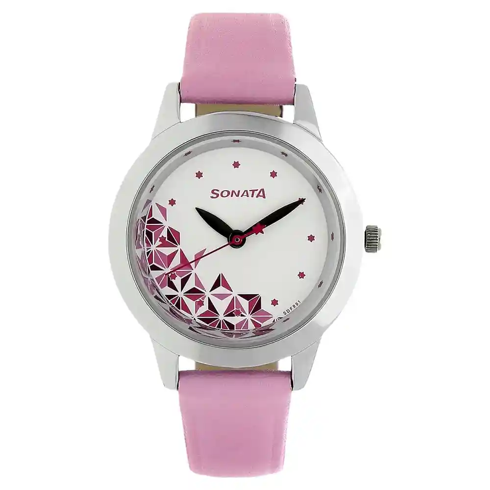 Sonata White Dial Pink Leather Strap Watch 87019SL04
