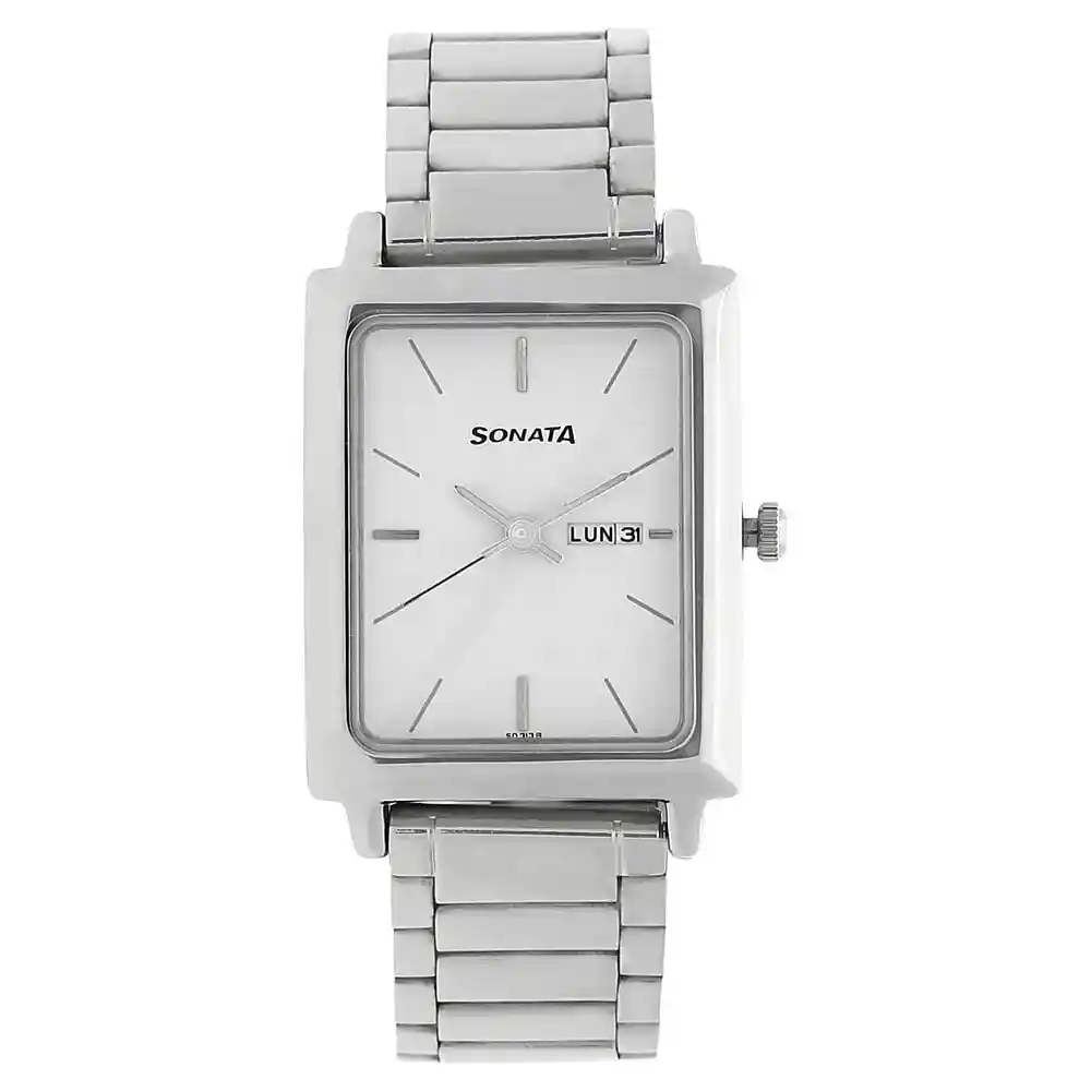 Sonata White Dial Silver Stainless Steel Strap Watch 7078SM05