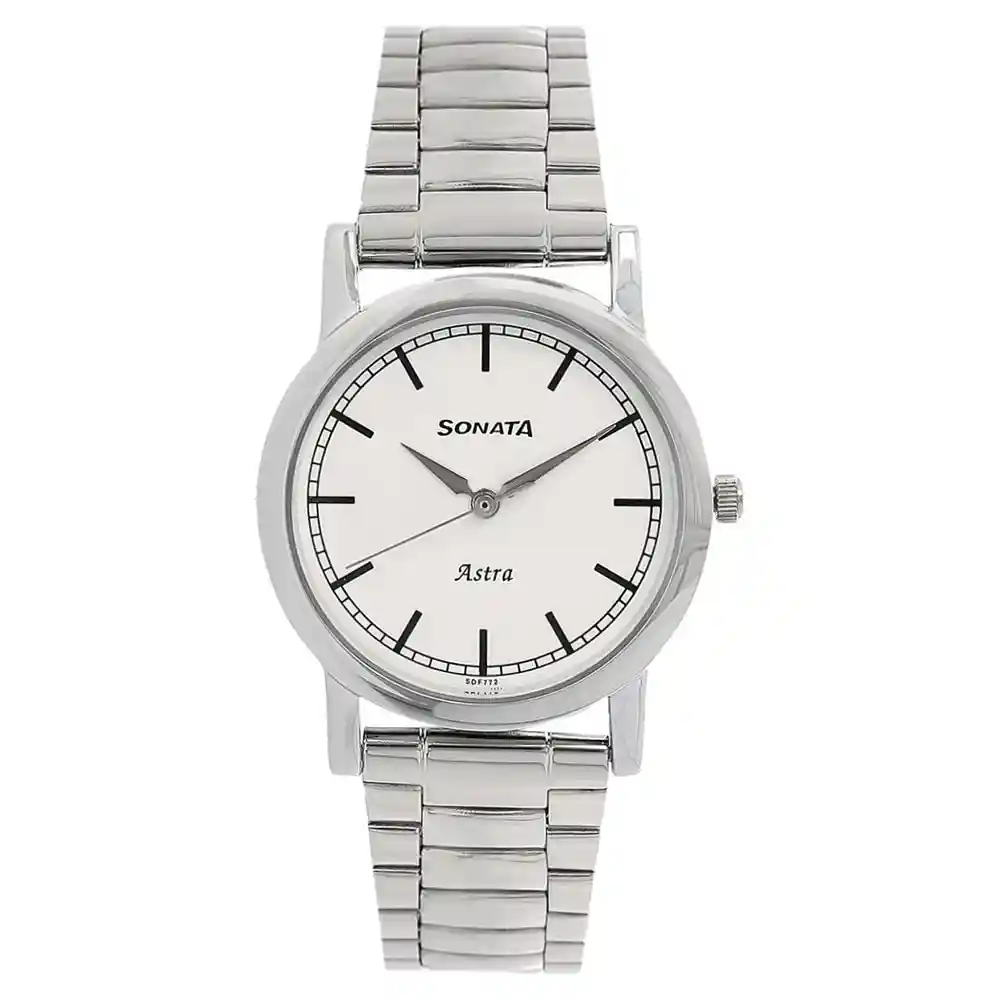 Sonata White Dial Silver Stainless Steel Strap Watch 77049SM02
