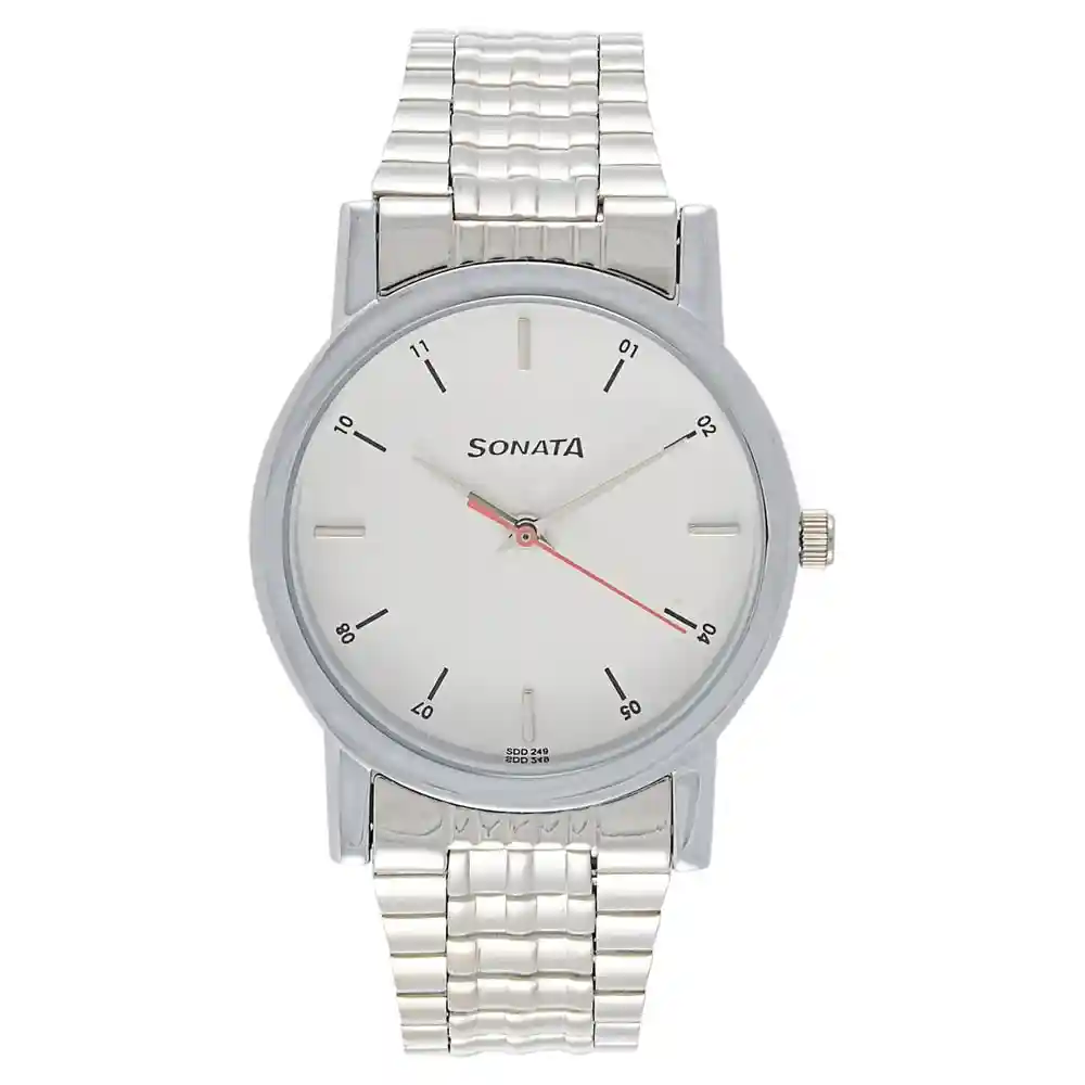 Sonata White Dial Silver Stainless Steel Strap Watch 7987SM03W