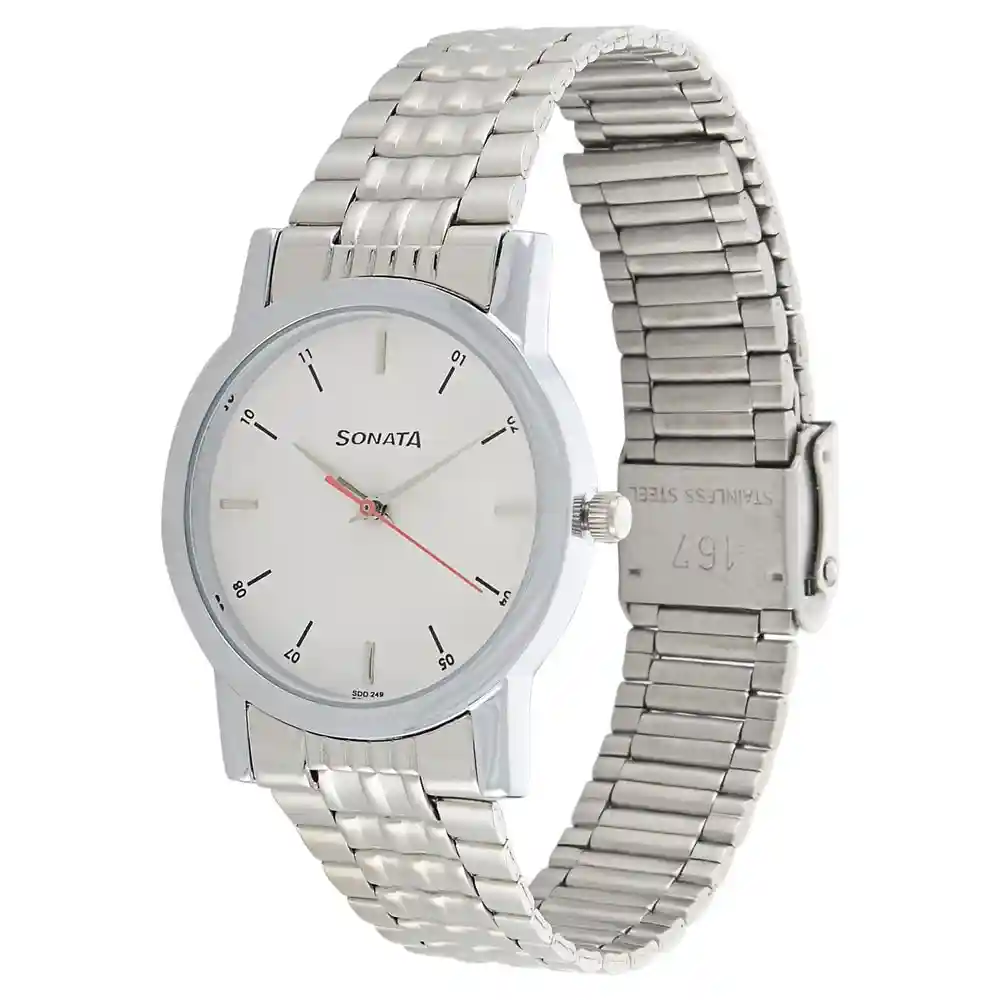 Sonata White Dial Silver Stainless Steel Strap Watch 7987SM03W