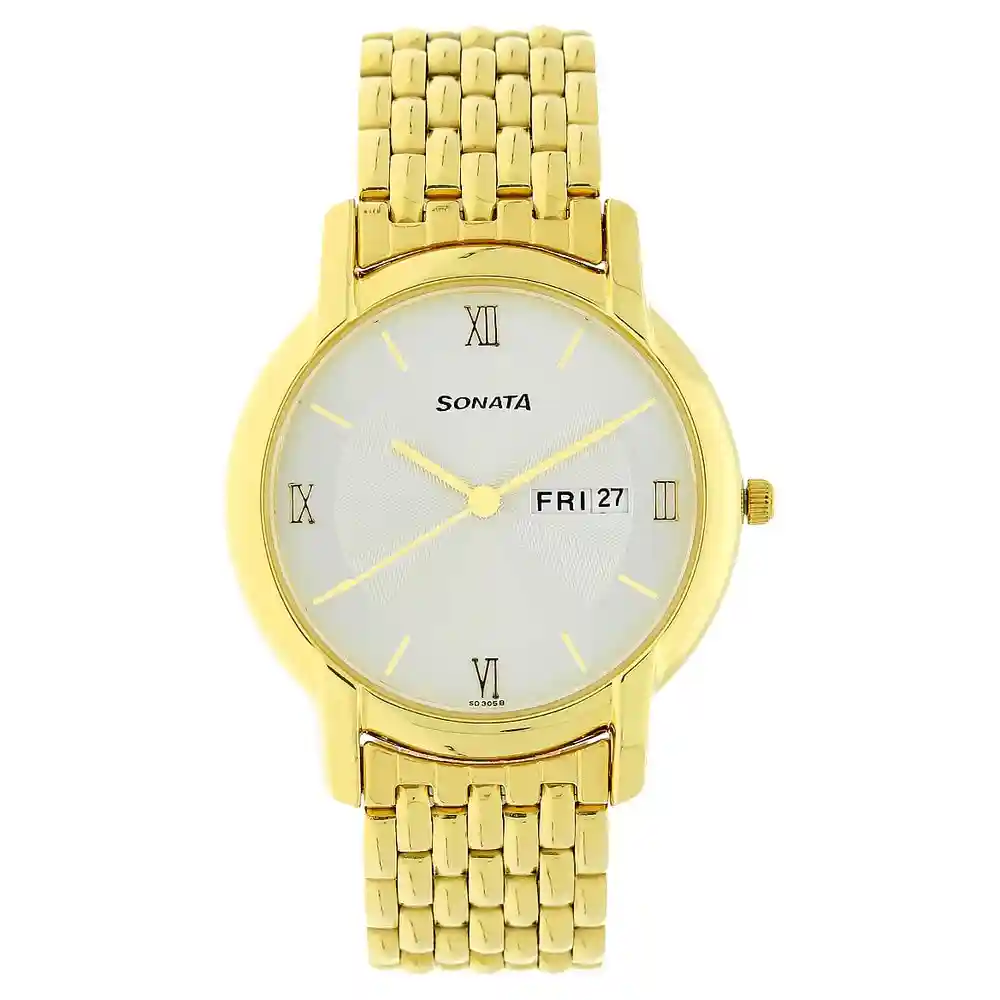 Sonata White Dial Yellow Stainless Steel Strap Watch 7954YM01W