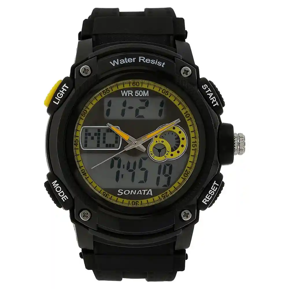 Sonata Yellow Dial Black Plastic Strap Watch 7989PP02