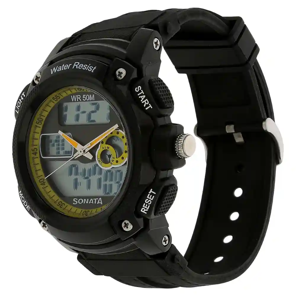 Sonata Yellow Dial Black Plastic Strap Watch 7989PP02